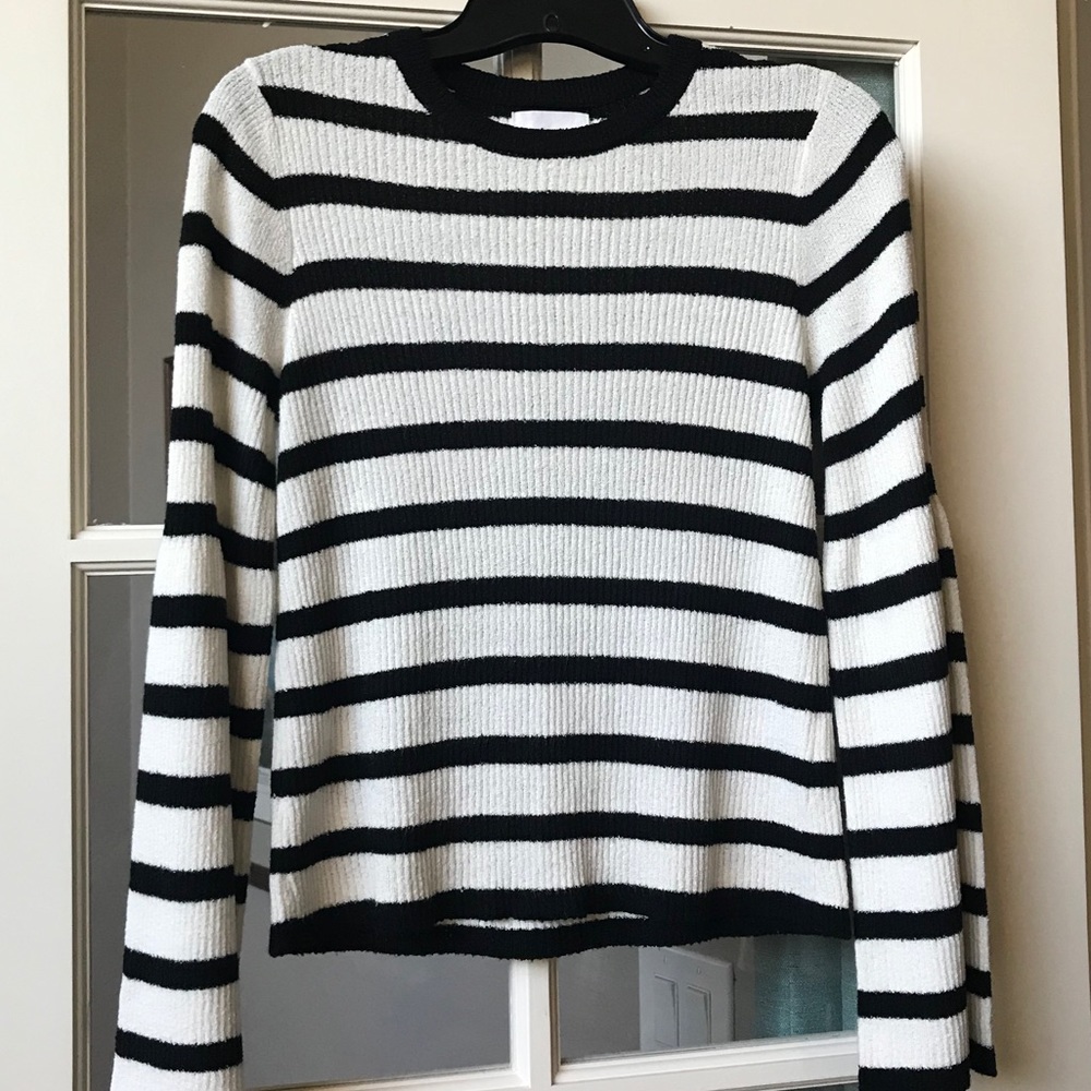 Avec Les Filles Black and White Striped Crewneck Sweater